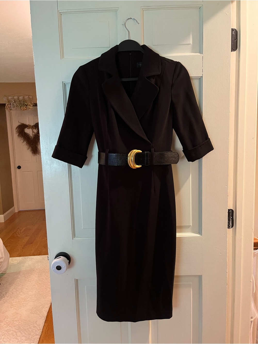 Donna Karan Black Midi Dress with Gold Crescent Buckle